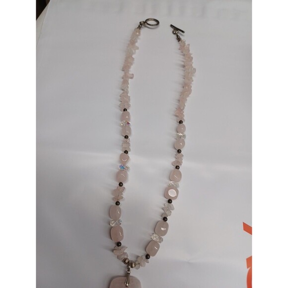 Vtg Pink Rose Quartz Bead Pendant Chocker Necklace - Picture 6 of 9